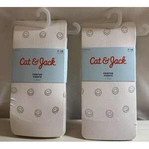 Cat & Jack Girls Footed Tights White Silver Glitter Smiley Face Size 7-10 2 Pack
